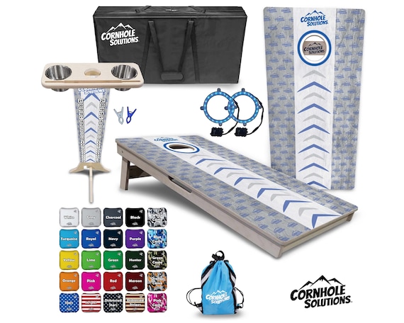 Tournament Cornhole Bundle Options- Runway Design Blue - 2'x4' Regulation Set- 3/4″ Baltic Birch +ScoreBrace +UV Direct Print +UV Clear Coat