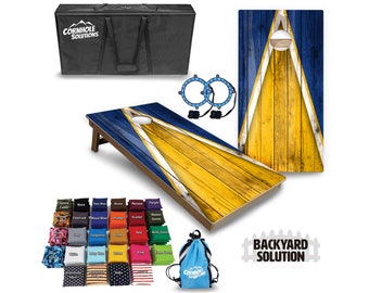 Backyard Cornhole Bundle Options - Yellow & Blue Triangle - 2'x4' Regulation Set + UV Direct Print + UV Clear Coat