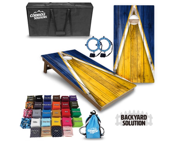 Backyard Cornhole Bundle Options - Yellow & Blue Triangle - 2'x4' Regulation Set + UV Direct Print + UV Clear Coat