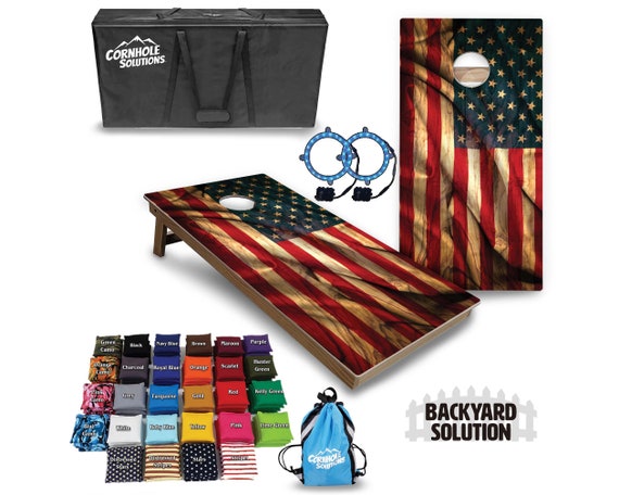 Backyard Cornhole Bundle Options - Wavy Wood Color Flag - 2'x4' Regulation Set + UV Direct Print + UV Clear Coat