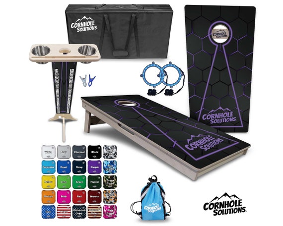 Tournament Cornhole Bundle Options- Purple Glowhole Blk- 2'x4' Regulation Set- 3/4″ BalticBirch +ScoreBrace +UV Direct Print +UV Clear Coat