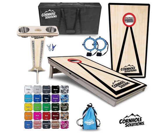 Tournament Cornhole Bundle- Red Hole w/Black Tri CS Logo- 2'x4' Regulation Set- 3/4″ BalticBirch +ScoreBrace +UV Direct Print +UV Clear Coat