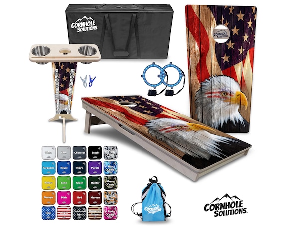 Tournament Cornhole Bundle Options - Wood Eagle Flag - 2'x4' Regulation Set - 3/4″ BalticBirch +ScoreBrace +UV Direct Print +UV Clear Coat