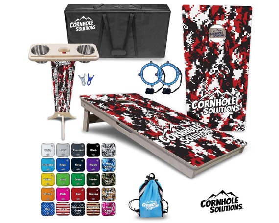 Tournament Cornhole Bundle Options- Red Digital Camo 2'x4' Regulation Set-3/4″ BalticBirch + ScoreBrace + UV Direct Print + UV Clear Coat