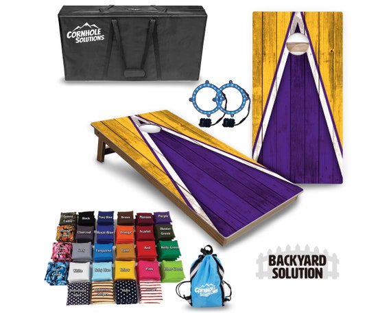 Backyard Cornhole Bundle Options - Purple & Gold Triangle - 2'x4' Regulation Set + UV Direct Print + UV Clear Coat
