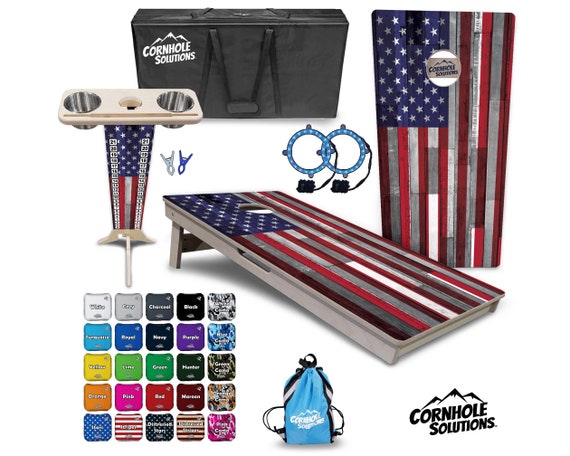 Tournament Cornhole Bundle Options - USA Plank Flag - 2'x4' Regulation Set - 3/4″ Baltic Birch +ScoreBrace +UV Direct Print +UV Clear