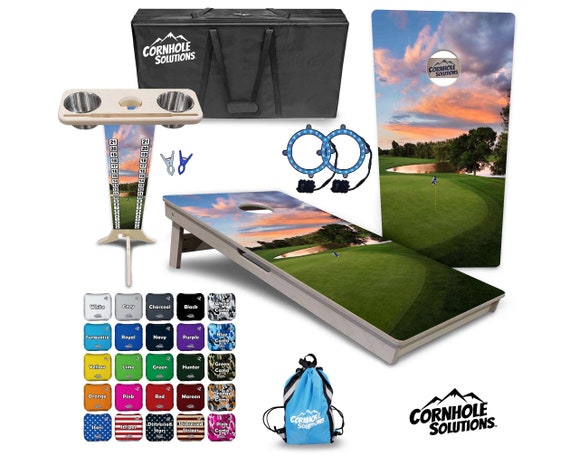 Tournament Cornhole Bundle Options - Golf Scene 1 - 2'x4' Regulation Set - 3/4″ Baltic Birch + Score Brace + UV Direct Print + UV Clear Coat