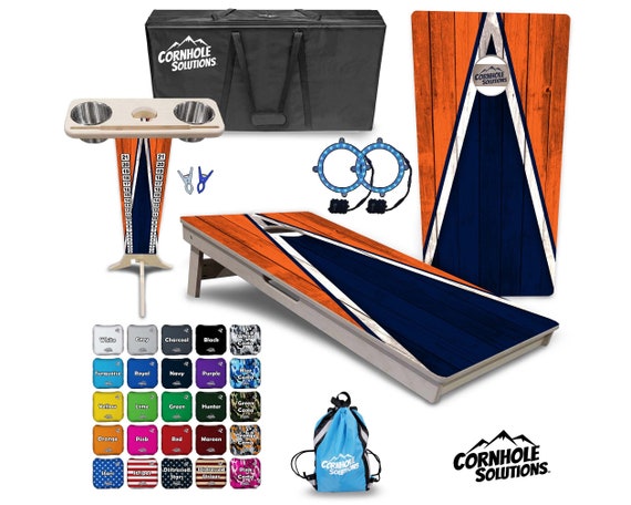 Tournament Cornhole Bundle Options- Navy & Org Triangle- 2'x4' Regulation Set- 3/4″ Baltic Birch +ScoreBrace +UV Direct Print +UV Clear Coat