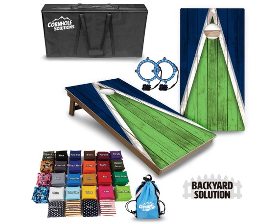 Backyard Cornhole Bundle Options - Lime & Blue Triangle - 2'x4' Regulation Set + UV Direct Print + UV Clear Coat