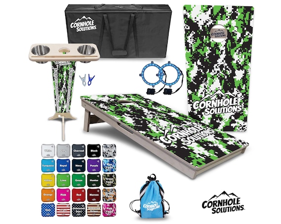 Tournament Cornhole Bundle Options- Green Digital Camo 2'x4' Regulation Set- 3/4″ BalticBirch + ScoreBrace + UV Direct Print + UV Clear Coat