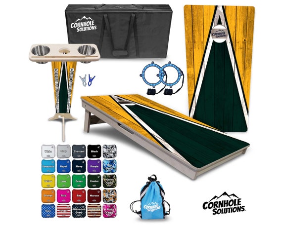 Tournament Cornhole Bundle Options- Green Gold Triangle- 2'x4' Regulation Set - 3/4″ BalticBirch +ScoreBrace +UV Direct Print +UV Clear Coat