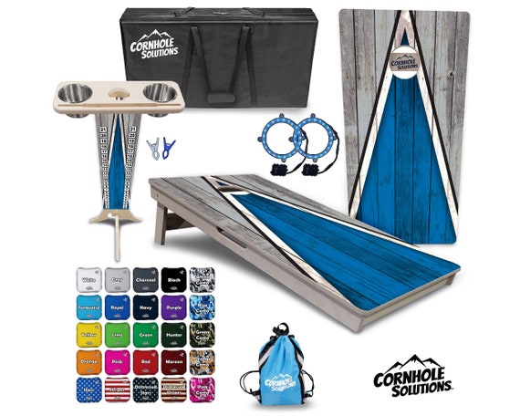 Tournament Cornhole Bundle Options- Blue Grey Triangle- 2'x4' Regulation Set - 3/4″ Baltic Birch +ScoreBrace +UV Direct Print +UV Clear Coat