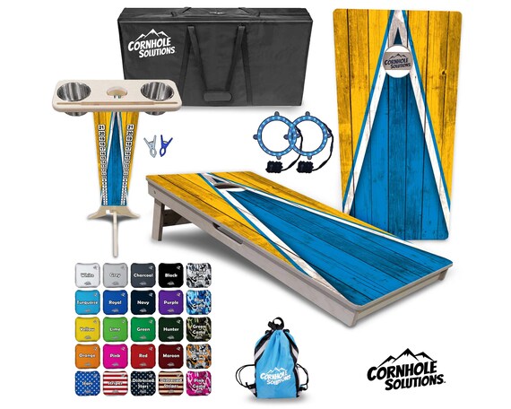 Tournament Cornhole Bundle Options- Blue Gold Triangle- 2'x4' Regulation Set - 3/4″ Baltic Birch +ScoreBrace +UV Direct Print +UV Clear Coat