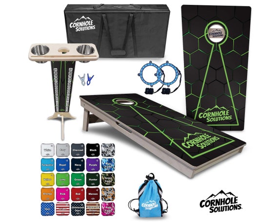 Tournament Cornhole Bundle Options- Green Glowhole Blk- 2'x4' Regulation Set- 3/4″ BalticBirch +ScoreBrace +UV Direct Print +UV Clear Coat