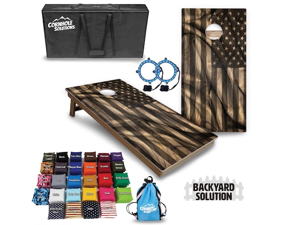 Backyard Cornhole Bundle Options - Wavy Wood Flag - 2'x4' Regulation Set + UV Direct Print + UV Clear Coat