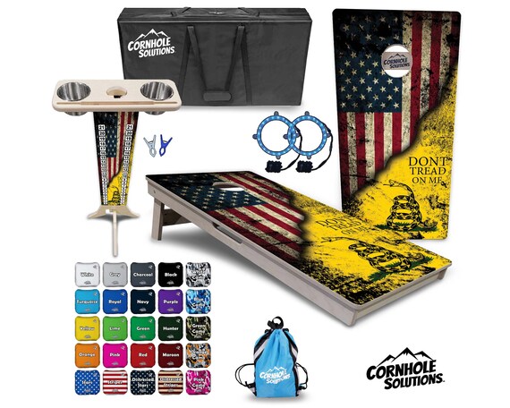 Tournament Cornhole Bundle Options - Dont Tread On Me - 2'x4' Regulation Set - 3/4″ Baltic Birch +ScoreBrace +UV Direct Print +UV Clear Coat