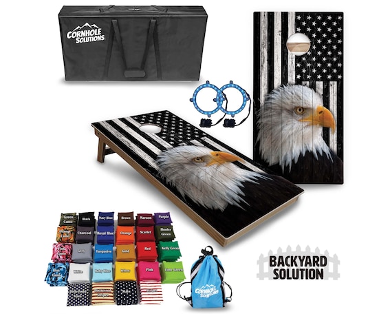 Backyard Cornhole Bundle Options - Black & White Eagle Flag - 2'x4' Regulation Set + UV Direct Print + UV Clear Coat