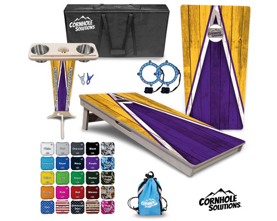 Tournament Cornhole Bundle Options- Purp & Gld Triangle - 2'x4' Regulation Set- 3/4″ BalticBirch +ScoreBrace +UV Direct Print +UV Clear Coat