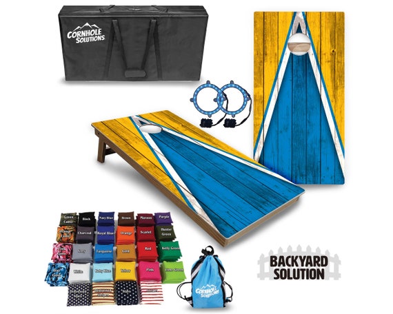 Backyard Cornhole Bundle Options - Blue & Gold Triangle - 2'x4' Regulation Set + UV Direct Print + UV Clear Coat