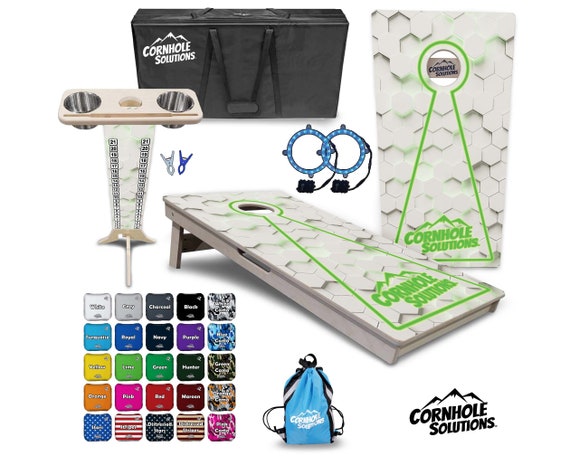 Tournament Cornhole Bundle Options- Green Glowhole White 2'x4' Regulation Set- 3/4″ BalticBirch +ScoreBrace +UV Direct Print +UV Clear Coat