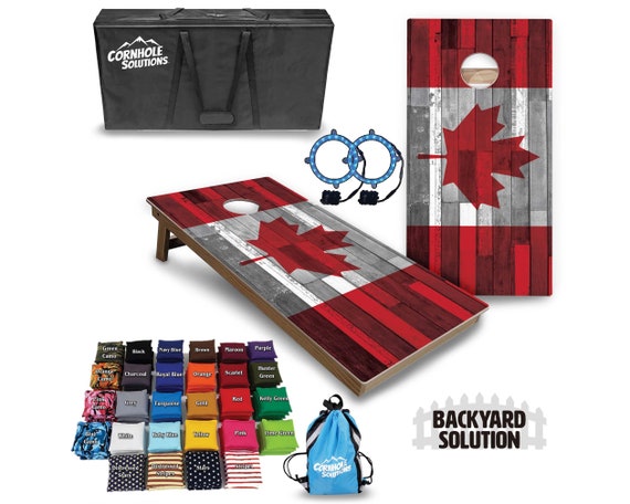 Backyard Cornhole Bundle Options - Canadian Wood Plank Flag - 2'x4' Regulation Set + UV Direct Print + UV Clear Coat