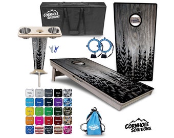 Tournament Cornhole Bundle Options - Grey Pine Trees - 2'x4' Regulation - 3/4″ Baltic Birch +Score Brace +UV Direct Print +UV Clear Coat