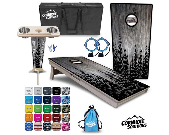 Tournament Cornhole Bundle Options - Grey Pine Trees - 2'x4' Regulation - 3/4″ Baltic Birch +Score Brace +UV Direct Print +UV Clear Coat