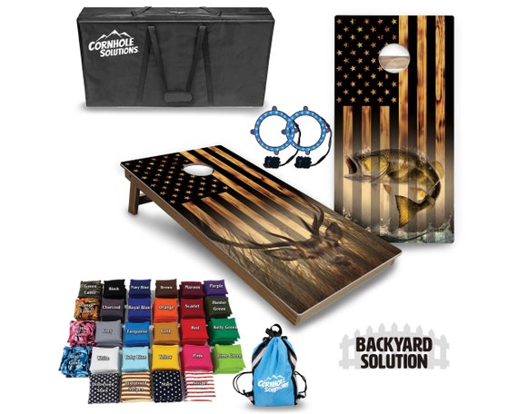 Backyard Cornhole Bundle Options - Hidden Deer/Fish Flag - 2'x4' Regulation Set + UV Direct Print + UV Clear Coat