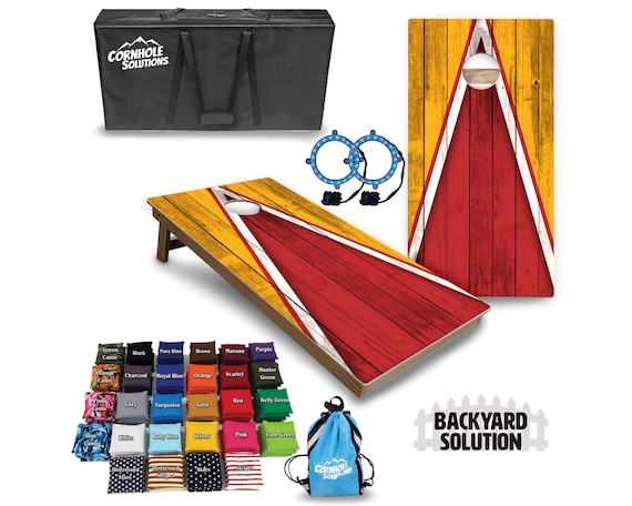 Backyard Cornhole Bundle Options - Red & Gold Triangle - 2'x4' Regulation Set + UV Direct Print + UV Clear Coat
