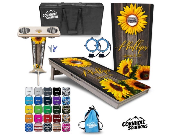 Tournament Cornhole Bundle Options - Sunflower Wedding - 2'x4' Regulation Set- 3/4″ Baltic Birch +ScoreBrace +UV Direct Print +UV Clear Coat