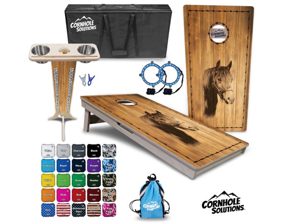 Tournament Cornhole Bundle Options - Barnyard Horse - 2'x4' Regulation - 3/4″ Baltic Birch +Score Brace +UV Direct Print +UV Clear Coat