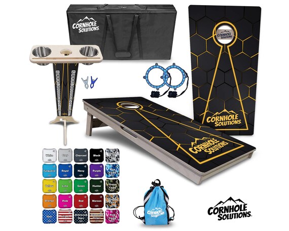 Tournament Cornhole Bundle Options- Yellow Glowhole Blk- 2'x4' Regulation Set- 3/4″ BalticBirch +ScoreBrace +UV Direct Print +UV Clear Coat