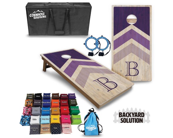 Backyard Cornhole Bundle Options - Purple Wood Arrow A-Z - 2'x4' Regulation Set + UV Direct Print + UV Clear Coat