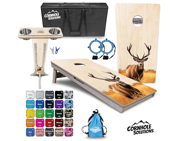 Tournament Cornhole Bundle Options - Natural Deer - 2'x4' Regulation Set - 3/4″ Baltic Birch +ScoreBrace +UV Direct Print +UV Clear Coat