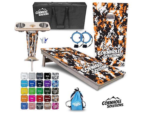 Tournament Cornhole Bundle Options- Orange Digital Camo 2'x4' Regulation Set-3/4″ BalticBirch + ScoreBrace + UV Direct Print + UV Clear Coat