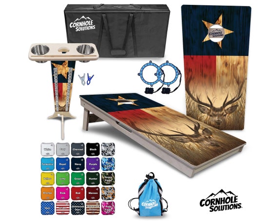 Tournament Cornhole Bundle Options - Texas Flag Deer - 2'x4' Regulation Set - 3/4″ Baltic Birch +ScoreBrace +UV Direct Print +UV Clear Coat