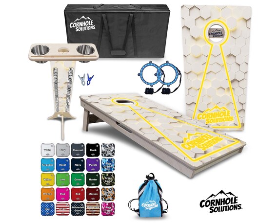 Tournament Cornhole Bundle Options- Yellow Glowhole White 2'x4' Regulation Set- 3/4″ BalticBirch +ScoreBrace +UV Direct Print +UV Clear Coat