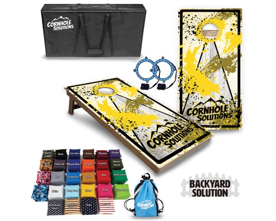 Backyard Cornhole Bundle Options - Yellow Splatter CS Logo - 2'x4' Regulation Set + UV Direct Print + UV Clear Coat