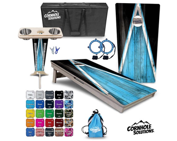 Tournament Cornhole Bundle Options- Sky Blue & Black Triangle- 2'x4' Regulation-3/4″ BalticBirch +ScoreBrace +UV Direct Print +UV Clear Coat