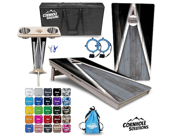 Tournament Cornhole Bundle Options- Grey Black Triangle- 2'x4' Regulation Set - 3/4″ BalticBirch +ScoreBrace +UV Direct Print +UV Clear Coat