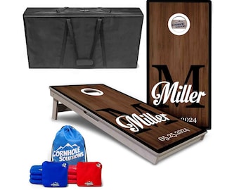 Dark Wood Wedding Monogram Cornhole Boards – Tournament Series