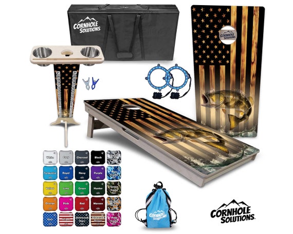 Tournament Cornhole Bundle Options - Hidden Fish Flag - 2'x4' Regulation Set - 3/4″ Baltic Birch +ScoreBrace +UV Direct Print +UV Clear Coat