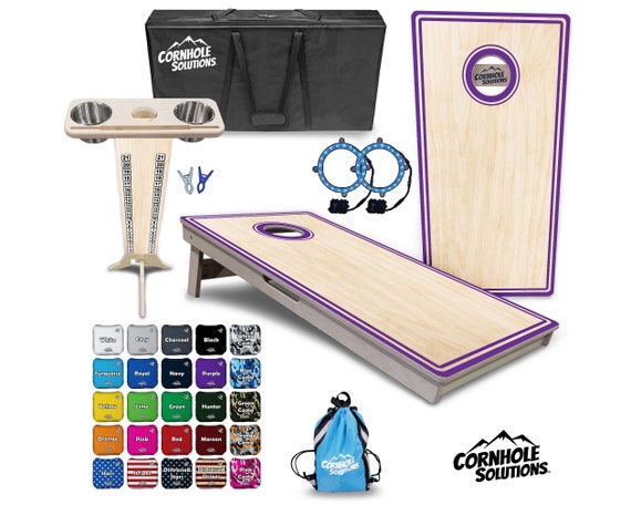 Tournament Cornhole Bundle Options- Purple Pin Stripe- 2'x4' Regulation Set- 3/4″ BalticBirch + ScoreBrace + UV Direct Print + UV Clear Coat