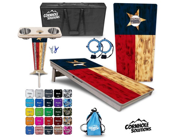 Tournament Cornhole Bundle Options - Burnt TX Flag - 2'x4' Regulation Set - 3/4″ Baltic Birch +ScoreBrace +UV Direct Print +UV Clear Coat