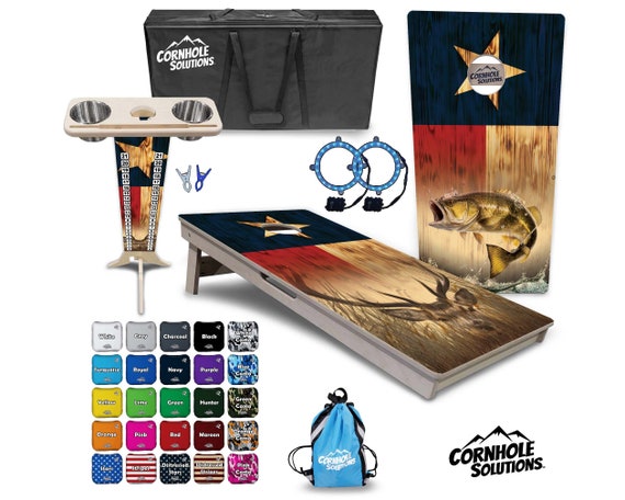 Tournament Cornhole Bundle Options- Texas Flag Deer & Fish - 2'x4' Regulation- 3/4″ Baltic Birch +ScoreBrace +UV Direct Print +UV Clear Coat