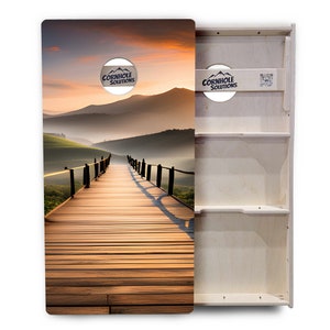 May include: A set of wooden cornhole boards with a scenic image of a wooden bridge leading into a foggy mountain landscape at sunset. The image includes the text "Cornhole Solutions".