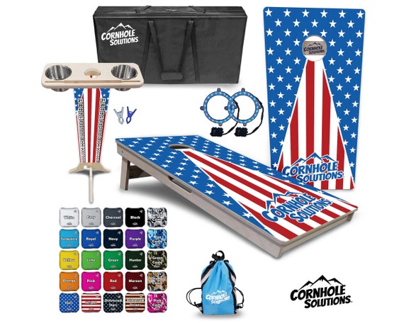 Tournament Cornhole Bundle Options- Star & Stripes Tri CS Logo-2'x4' Regulation- 3/4″BalticBirch +ScoreBrace +UV Direct Print +UV Clear Coat