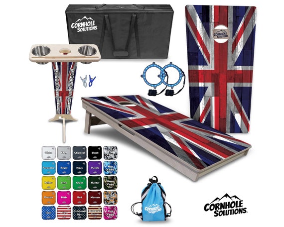 Tournament Cornhole Bundle Options - Union Jack Flag - 2'x4' Regulation Set - 3/4″ Baltic Birch +ScoreBrace +Uv Direct Print +Uv Clear