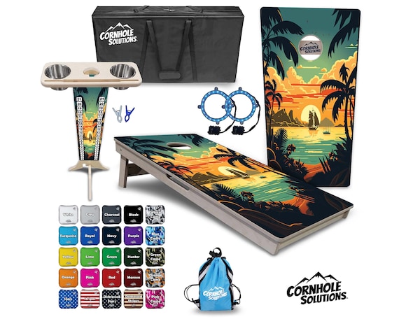 Tournament Cornhole Bundle Options - Beach Sunset 1 - 2'x4' Regulation Set - 3/4″ Baltic Birch +Score Brace +UV Direct Print +UV Clear Coat