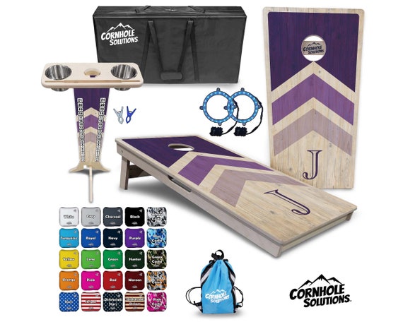Tournament Cornhole Bundle Options - Purple Arrow - 2'x4' Regulation Set - 3/4″ Baltic Birch + ScoreBrace + UV Direct Print + UV Clear Coat